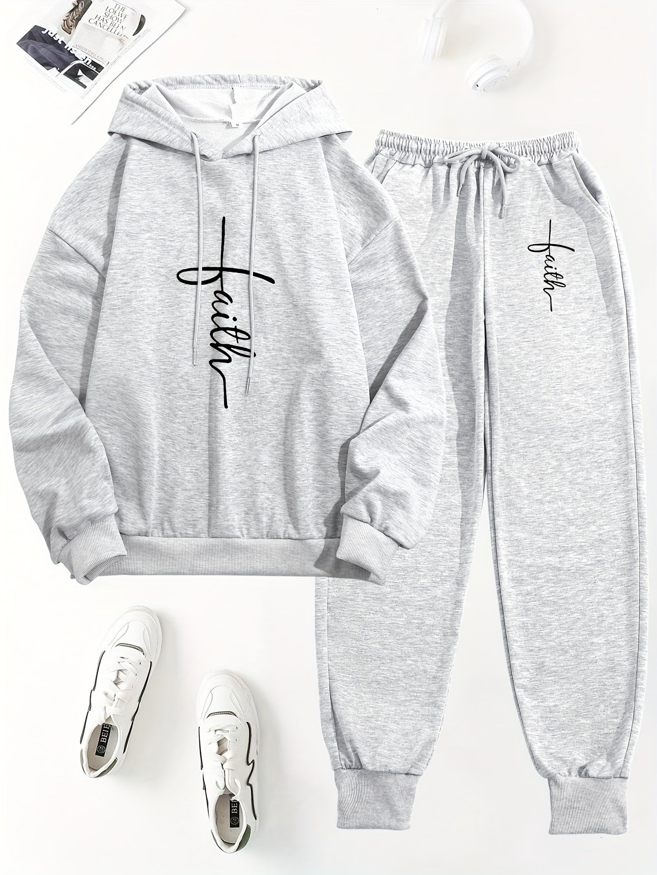 Women's 2pcs Casual Set - "Faith" Printed Hoodie & Jogger Pants, Long Sleeve, Polyester, Machine Washable, with Pockets - Perfect for Spring/Fall